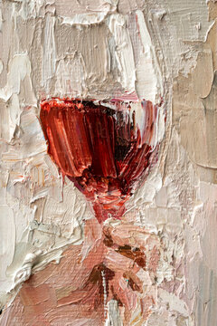 Red wine in a glass. Oil painting on canvas.