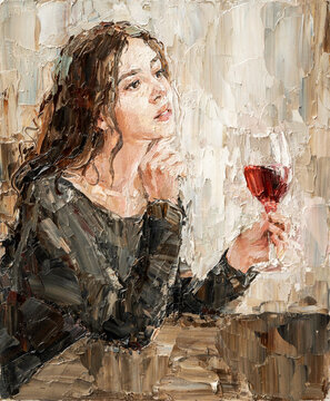 Beautiful attractive young woman  holding a glass of wine. Oil painting on canvas.