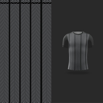 Pattern Soccer Jersey And T-shirt Sport Mockup Template, Graphic Design For Football Kit Or Activewear Uniforms. Black Strip Theme With 3d Preview