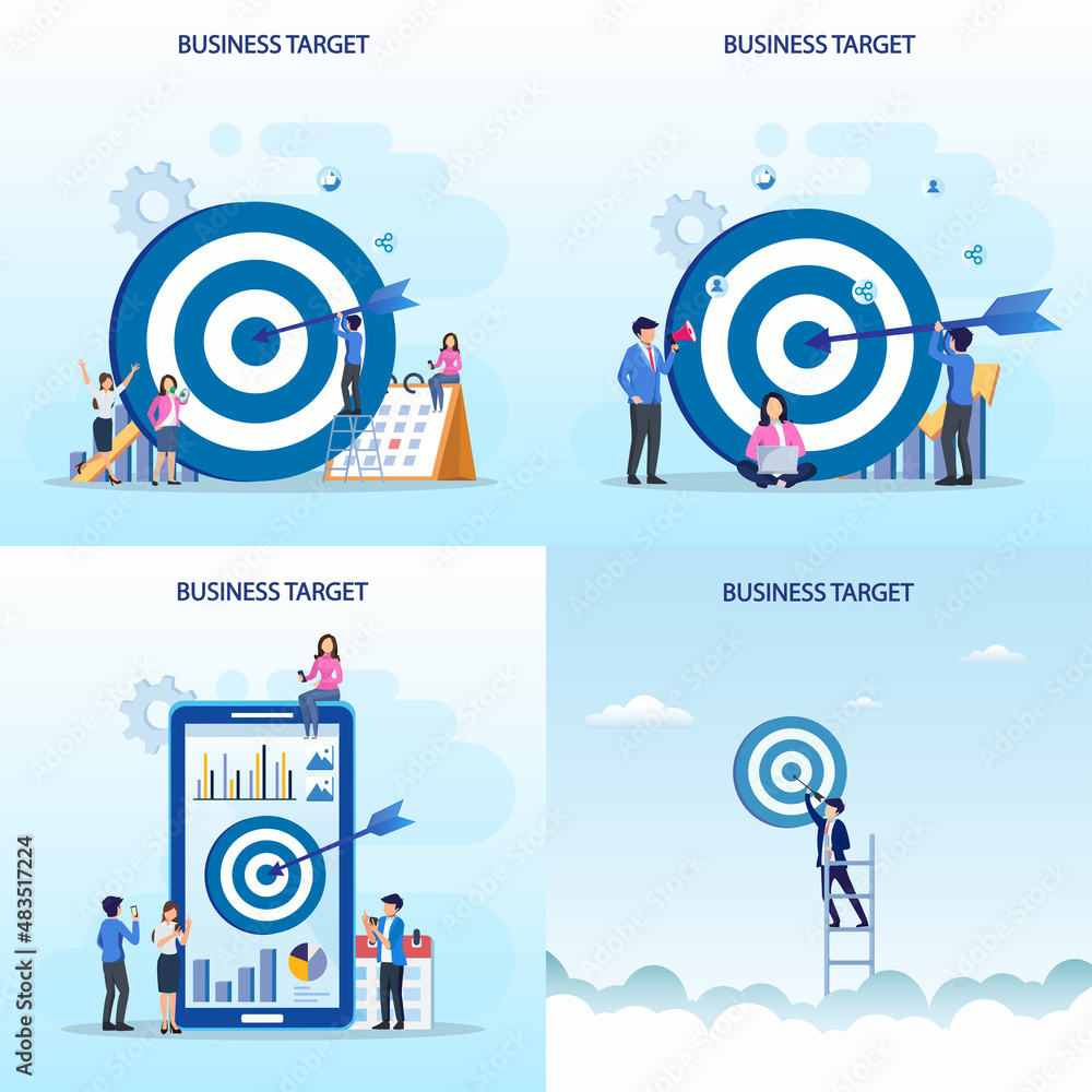 Poster set bundle business target concept. goal achievement, flat vector template style suitable for web la