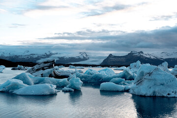 Blue Glacier Chunks Float in Jokulsarlon Glacier Lagoon at Dusk in Iceland