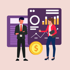 Young girl and executive man  interacting with charts and analyzing statistics sales, work in a team and interact with graphs. Colored vector illustration.