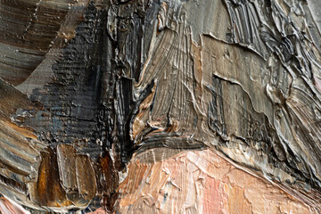 Macro. Abstract art. Expressive embossed pasty oil paints and reliefs. Colors: white,ocher, grey, brown, black.