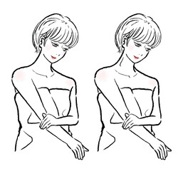 サウナに入る女性のイラスト。ショートヘアで下を向いている。