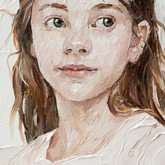 .Cute beautiful girl holding her hair. Fragment of oil painting on canvas. .Portrait of a child with brown eyes and brown hair.