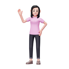 3D character illustration of woman waving hand and left hand on waist. Girl saying hello, say hi