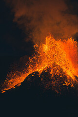 Orange Lava Splattering and Erupting out of Volcano at Night in Iceland