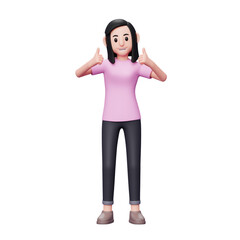 Obraz na płótnie Canvas Girl showing two thumbs up give appreciation, good job. 3d render character illustration