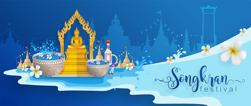 Songkran Festival, Thailand travel concept - The Most Beautiful Places To Visit In Thailand in flat style. ( Translation thai : Songkran )