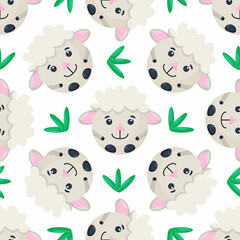Round sheep seamless pattern. Vector Background with the faces of sheep. Template for the packaging, baby textile