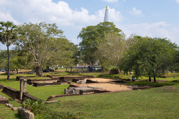Ruins of ancient temple buildings on the grounds of the Sacred town. Aunuradhapura, Sri Lanka
