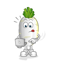 white radish with laptop mascot. cartoon vector