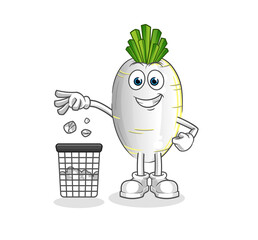 white radish Throw garbage mascot. cartoon vector