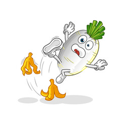 white radish slipped on banana. cartoon mascot vector