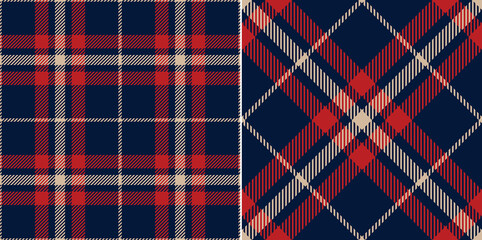 Tartan check plaid pattern in red, navy blue, beige. Seamless simple textured dark plaid vector illustration for flannel shirt, skirt, blanket, duvet cover, other modern autumn winter textile print. - 483520095