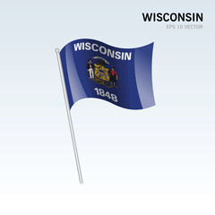 Waving flag of Wisconsin state of United States of America on gray background