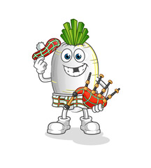 Obraz premium white radish scottish with bagpipes vector. cartoon character