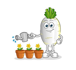 white radish watering the flowers mascot. cartoon vector
