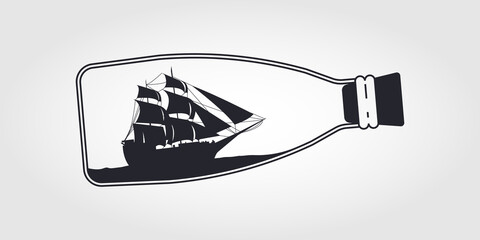 Bottle with small old ship inside icon, vector illustration