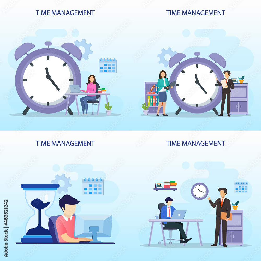 Poster set bundle time management concept, flat vector template style suitable for web landing page, backgr