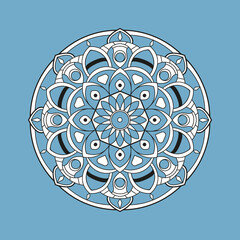 Mandala. Ornamental round doodle flower isolated on light blue background. Geometric circle element.