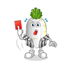 white radish referee with red card illustration. character vector