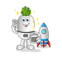 white radish astronaut waving character. cartoon mascot vector