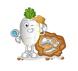white radish archaeologists with fossils mascot. cartoon vector