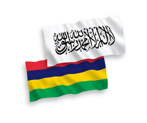 National vector fabric wave flags of Taliban and Republic of Mauritius isolated on white background. 1 to 2 proportion.