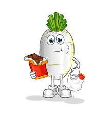 white radish eat chocolate mascot. cartoon vector