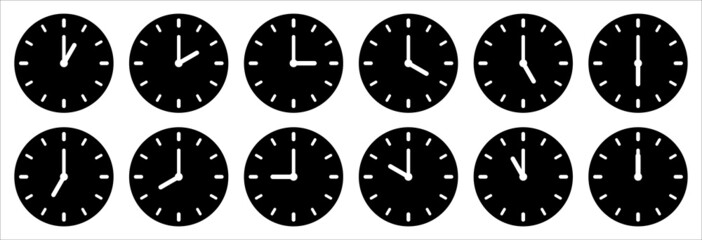 Time and clock icon set. Complete twelve hours pointed clockwise o'clock sharp vector illustration. Analog wall clocks icons set. Black simple flat designs style. - obrazy, fototapety, plakaty