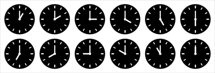 Deurstickers Time and clock icon set. Complete twelve hours pointed clockwise o'clock sharp vector illustration. Analog wall clocks icons set. Black simple flat designs style. © great19