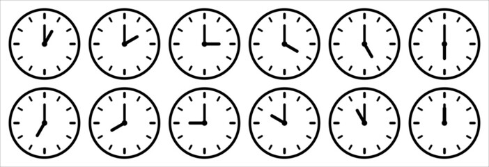 Time and clock icon set. Complete twelve hours pointed clockwise o'clock sharp vector illustration. Analog wall clocks icons set. Thin line designs style. - obrazy, fototapety, plakaty