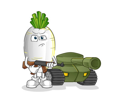 white radish soldier with tank character. cartoon mascot vector