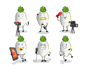 Obraz premium white radish technology group character. cartoon mascot vector
