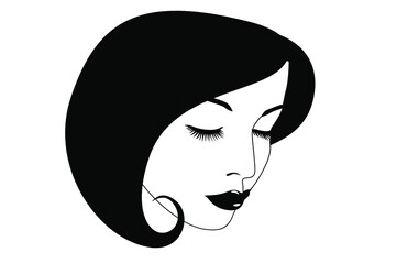 Young woman side face with long hair, girl with modest expression and closed eyes, Vector illustration of female model, Fashion and beauty.Black on white background.