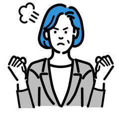 怒っているグレーのスーツを着た中年女性
