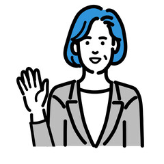 手を挙げて笑顔で挨拶しているグレーのスーツを着た中年女性
