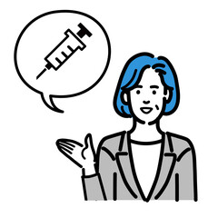 ワクチン、予防接種の説明をしているグレーのスーツを着た中年女性
