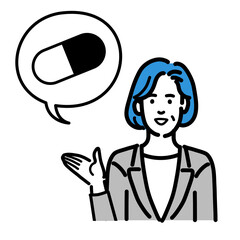 薬の説明をしているグレーのスーツを着た中年女性
