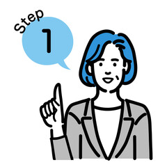 ステップ1　工程を説明するグレーのスーツを着た中年女性
