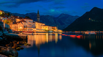 Sunset panorama of Kotor Bay in the town of Perast, Montenegro, long exposure