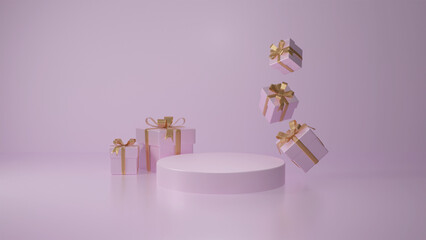 Valentine's Day interior with pink gift boxes, present. Stand, podium, pedestal. for goods and magazines. Love greeting card presents. 3D render