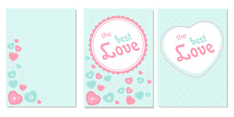 A set of Valentine's Day cards. Hearts on a delicate blue and pink background. Vector illustration EPS8