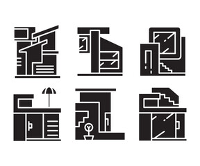 modern style building, house and office building icons set