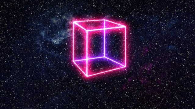 Neon cube of energy field lines in the starry sky spinning around itself in perspective.