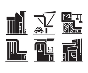 modern building, office, condo, house, modern architecture design icons set