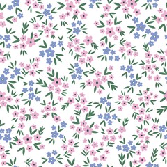 Seamless vintage pattern. Small pink and blue flowers, green leaves. White background. vector texture. fashionable print for textiles, wallpaper and packaging.
