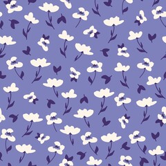 Fototapeta na wymiar Seamless vintage pattern. White flowers, purple leaves. Lilac background. vector texture. fashionable print for textiles, wallpaper and packaging.