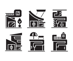modern building, office, condo, house, modern architecture design icons set